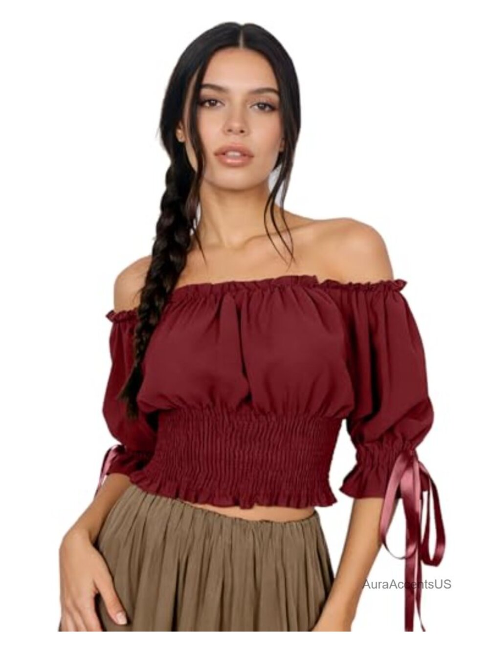 Off Shoulder Ruffled Smocked Waist Blouse Puff Sleeve Bow Tie Cuff Renaissance
